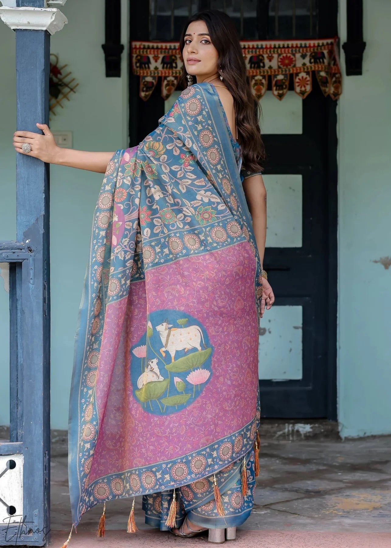 Blue Heritage Cotton Linen Saree
