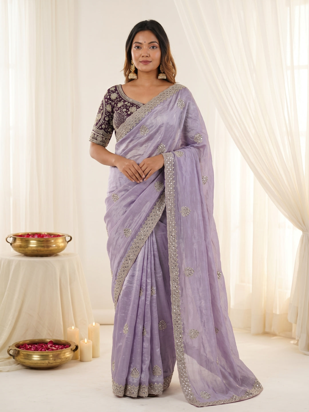 new launching c pallu embroidery work with sequences and cut work border