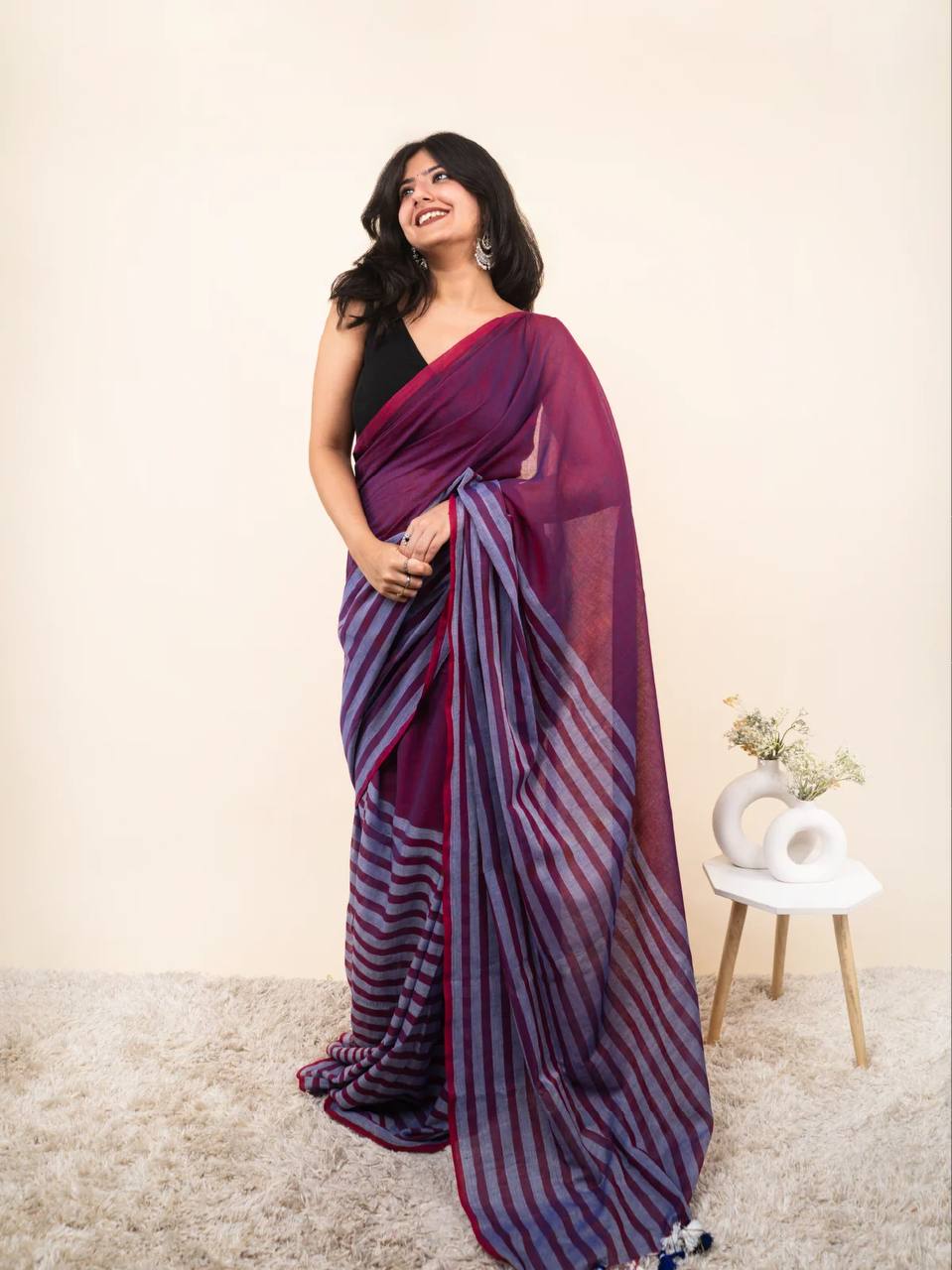 Premium Linen With Beautiful And Elegance Contrast Colour Border Digital Printed Saree