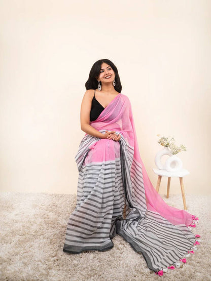 Premium Linen With Beautiful And Elegance Contrast Colour Border Digital Printed Saree