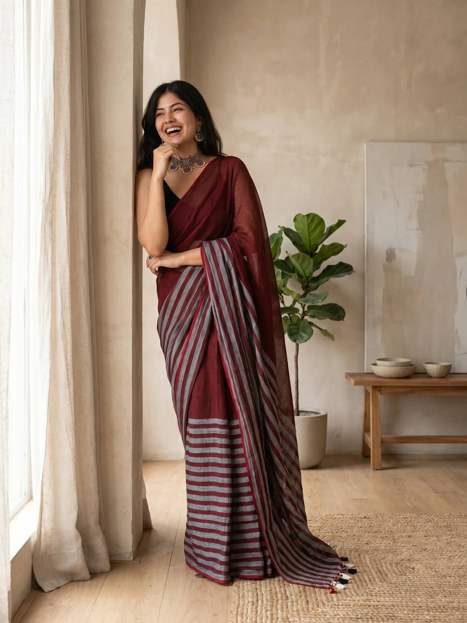 Premium Linen With Beautiful And Elegance Contrast Colour Border Digital Printed Saree