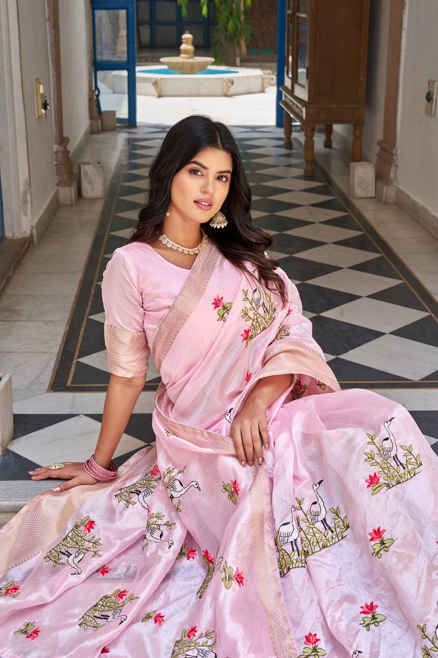 kota crishtal Heavy zecard bodar with Embroidery thread Work saree