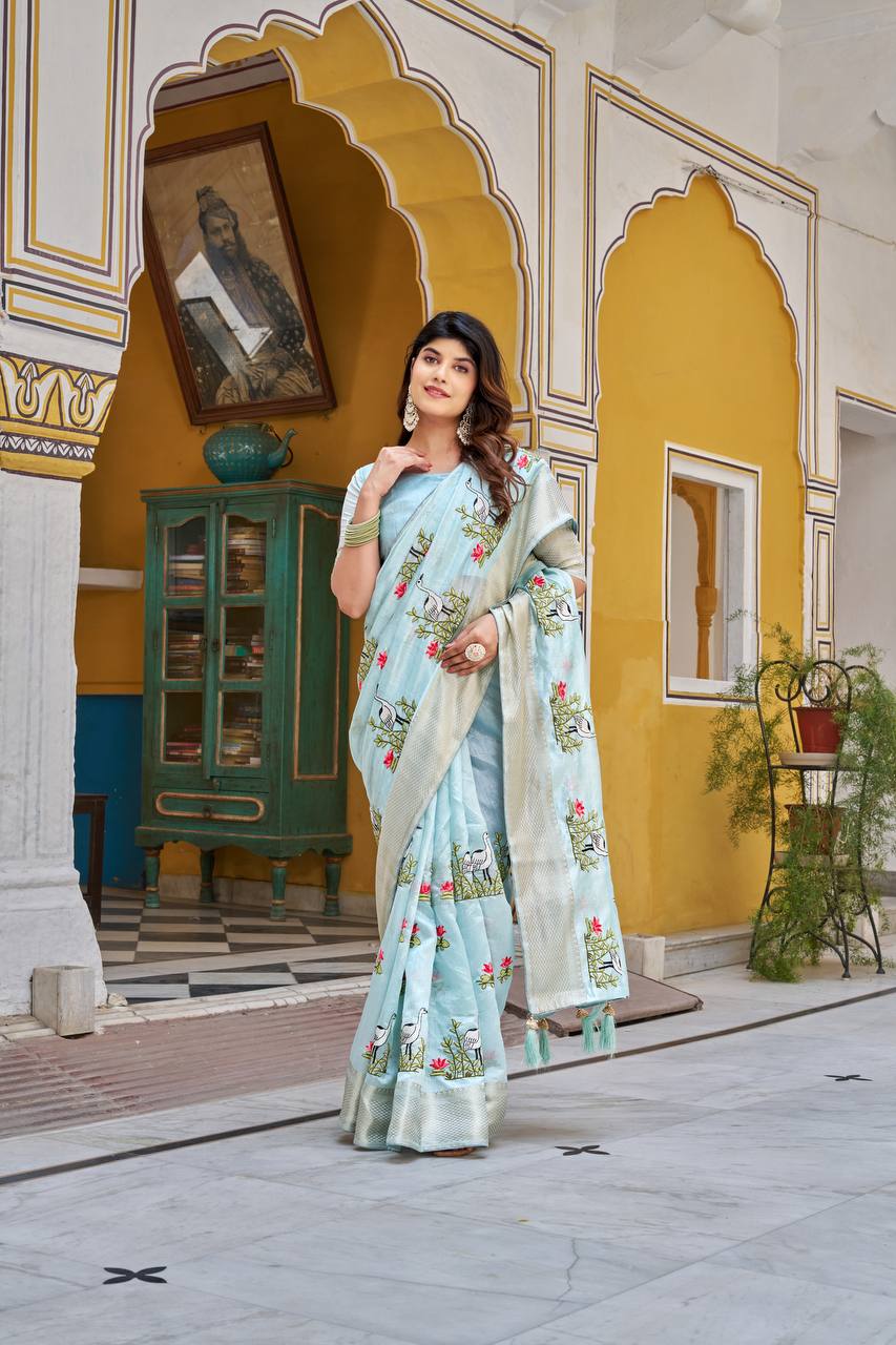 kota crishtal Heavy zecard bodar with Embroidery thread Work saree