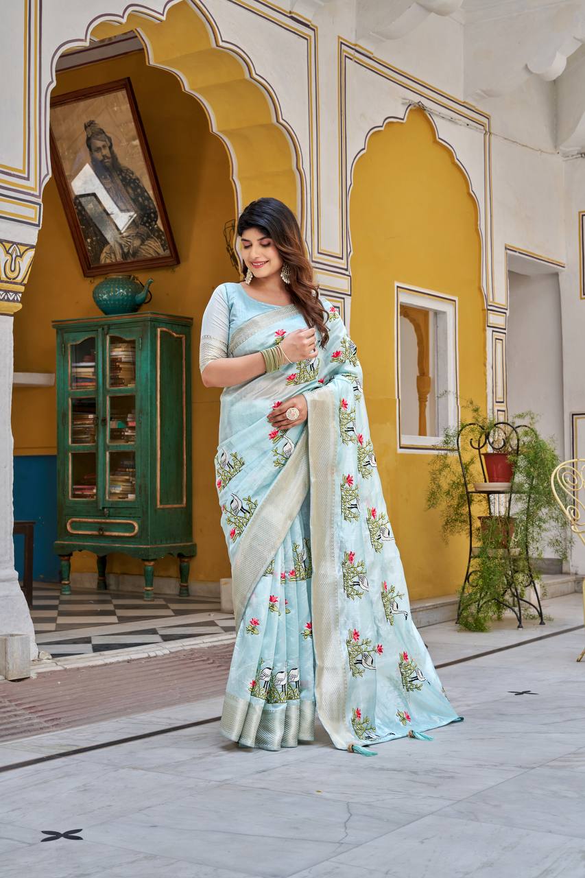 kota crishtal Heavy zecard bodar with Embroidery thread Work saree