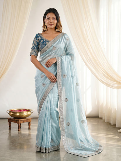 new launching c pallu embroidery work with sequences and cut work border