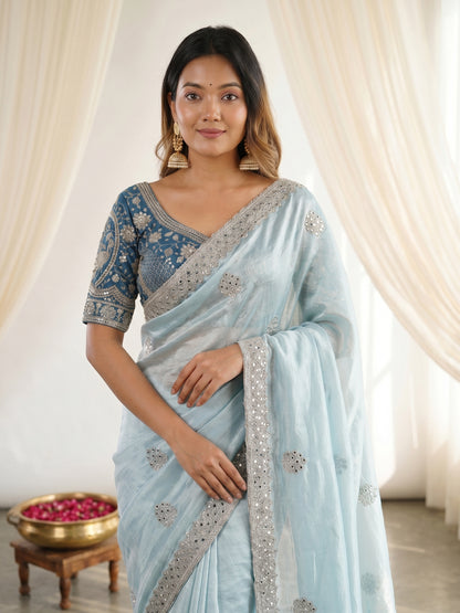 new launching c pallu embroidery work with sequences and cut work border