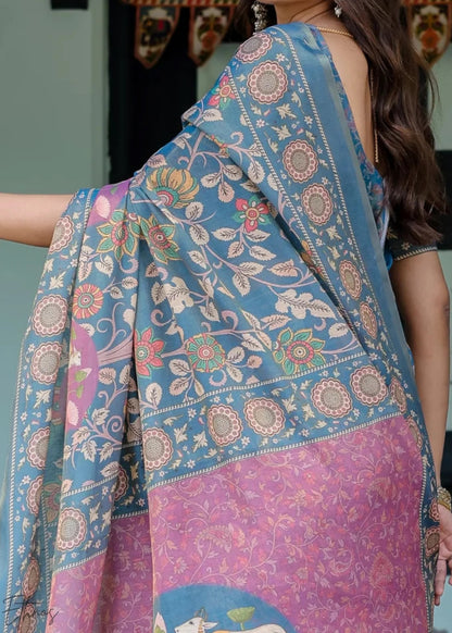 Blue Heritage Cotton Linen Saree