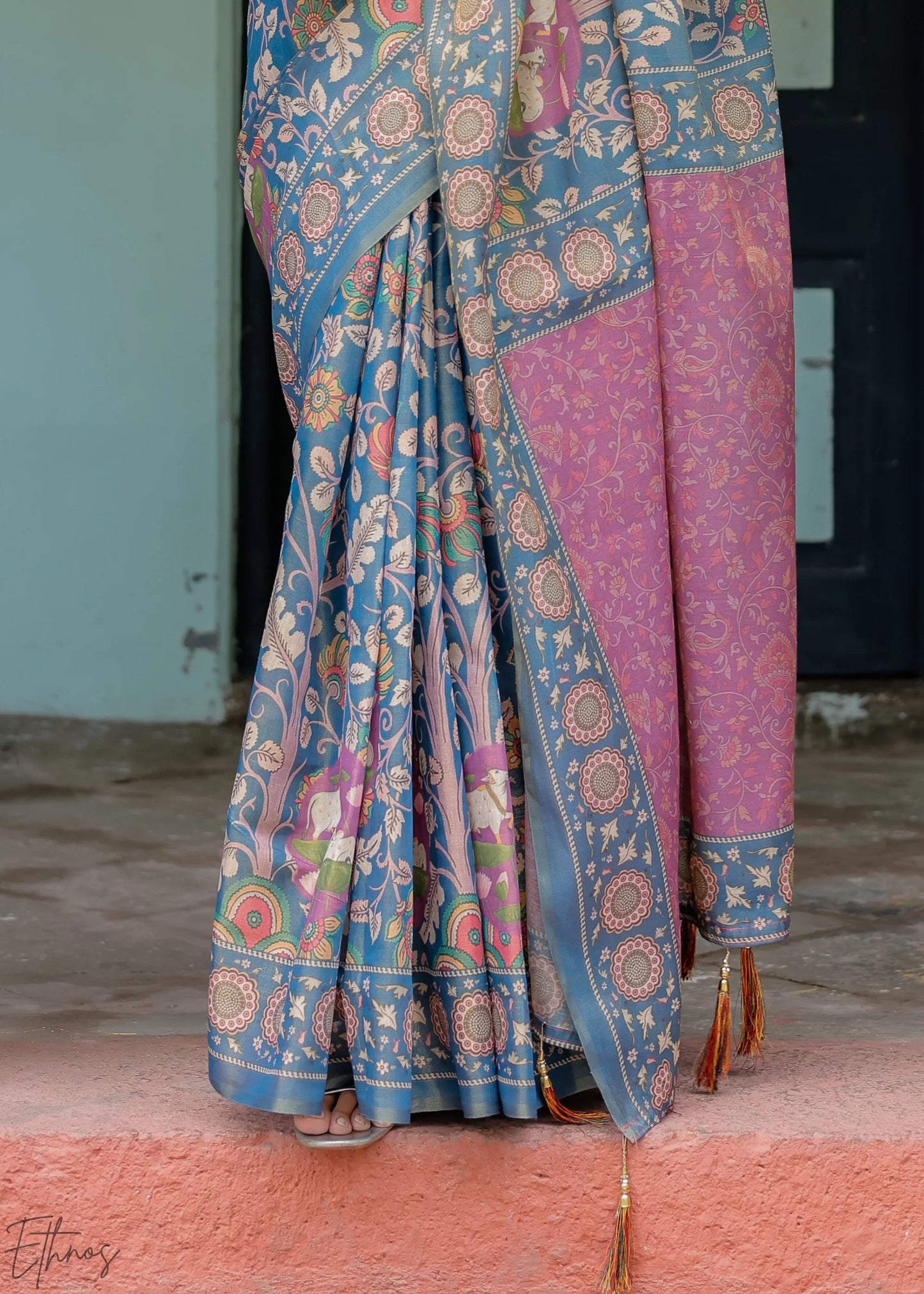 Blue Heritage Cotton Linen Saree