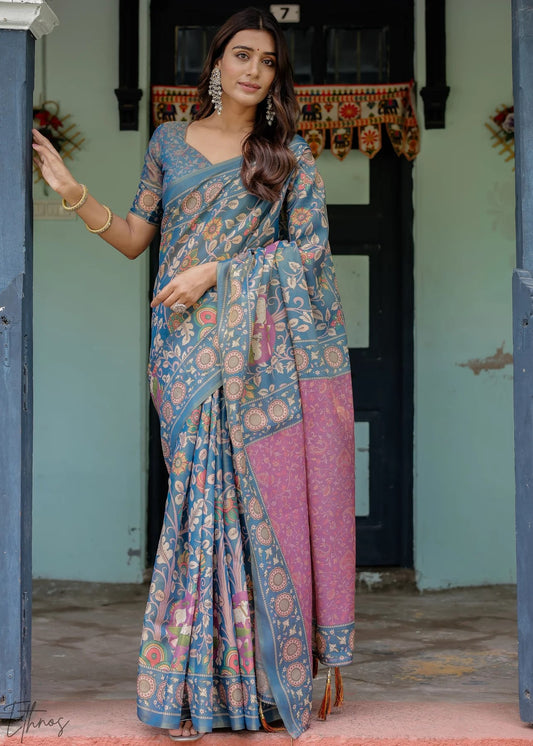 Blue Heritage Cotton Linen Saree