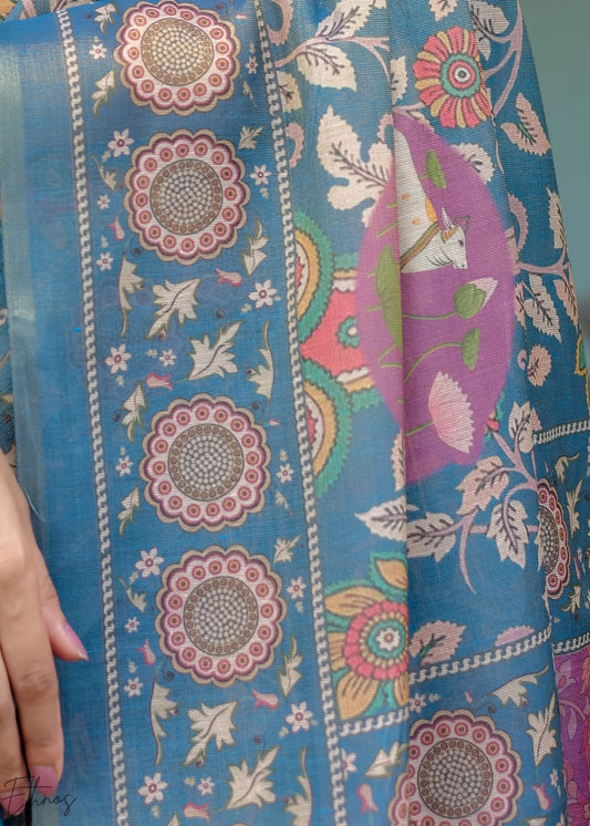Blue Heritage Cotton Linen Saree