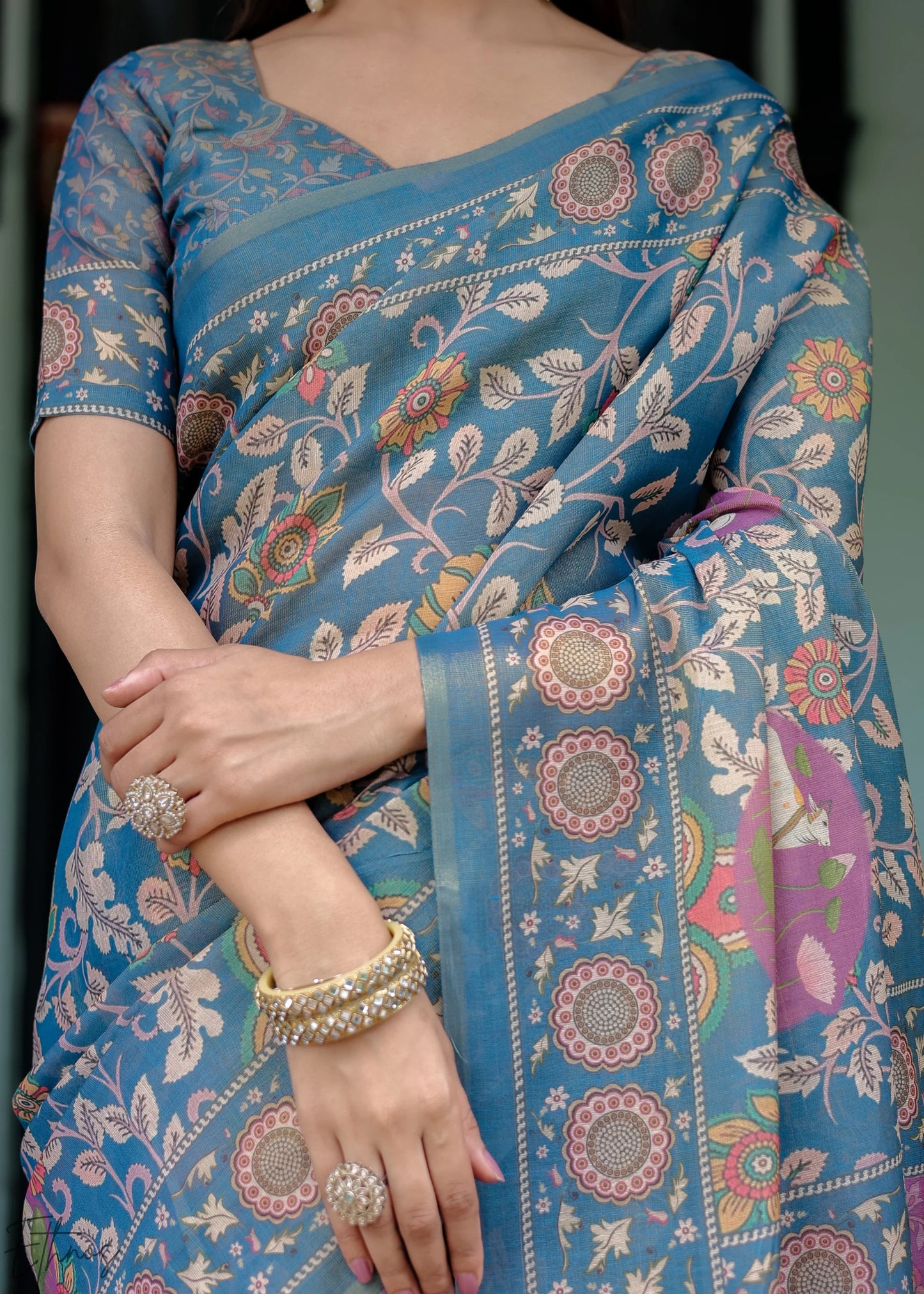 Blue Heritage Cotton Linen Saree