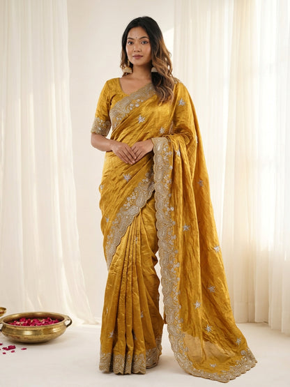 new launching mat sequence work with gold zari thread embroidered work and whole sarees have multi thread butta work and Arco border work
