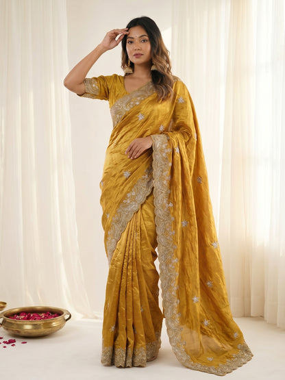 new launching mat sequence work with gold zari thread embroidered work and whole sarees have multi thread butta work and Arco border work