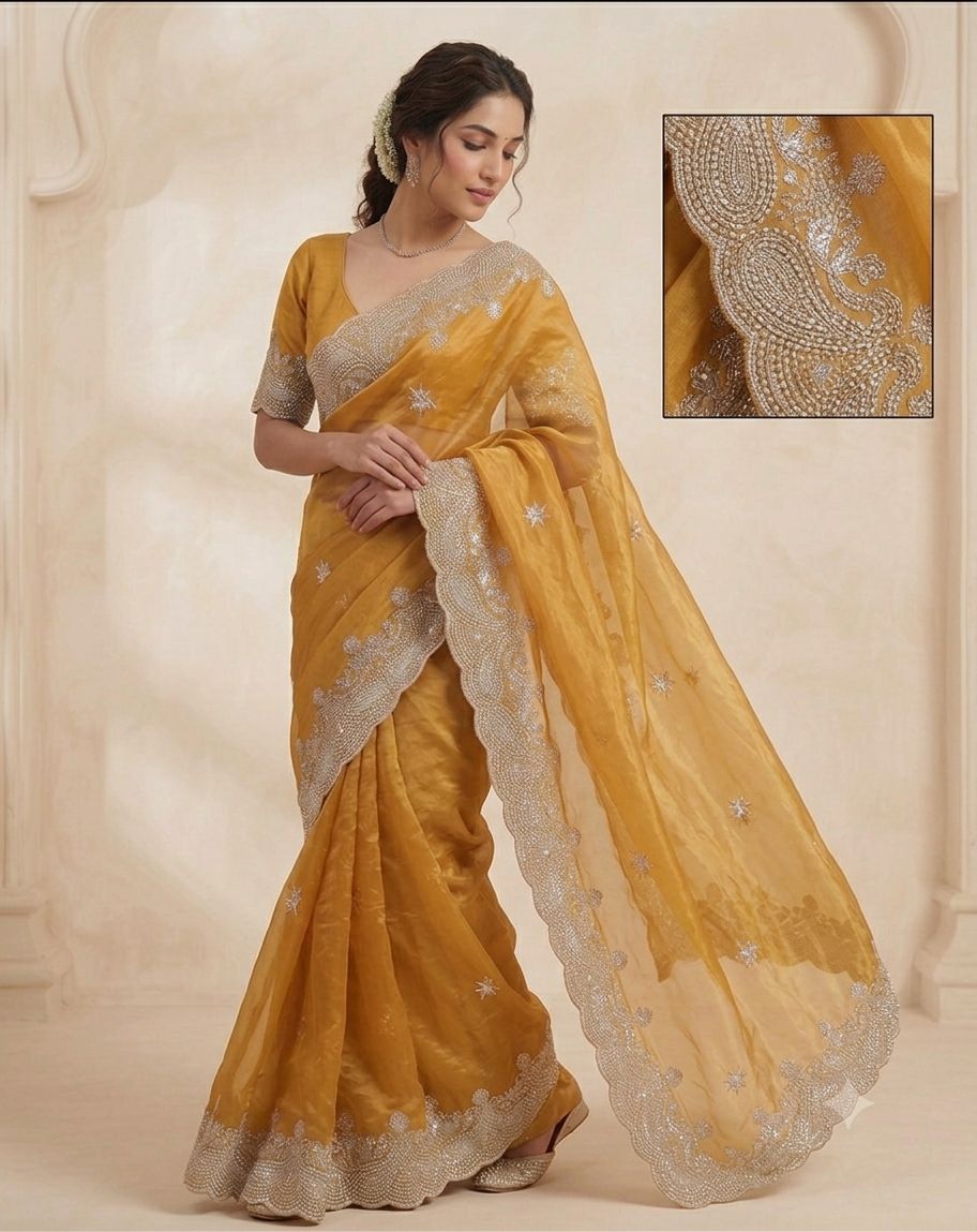 new launching mat sequence work with gold zari thread embroidered work and whole sarees have multi thread butta work and Arco border work