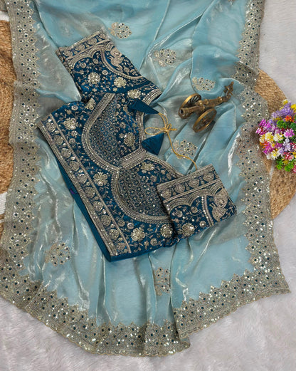 new launching c pallu embroidery work with sequences and cut work border