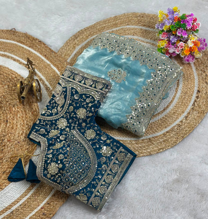 new launching c pallu embroidery work with sequences and cut work border