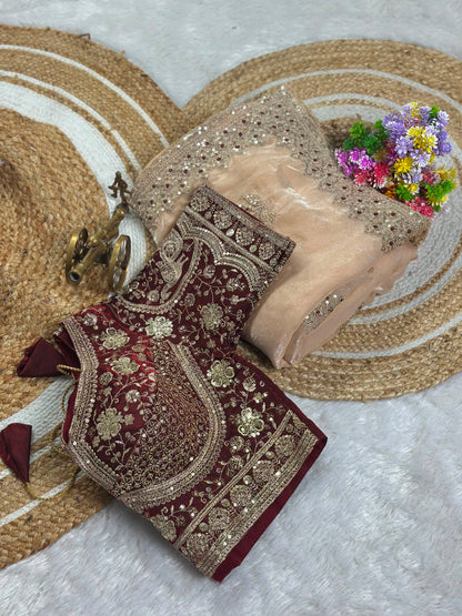 new launching c pallu embroidery work with sequences and cut work border