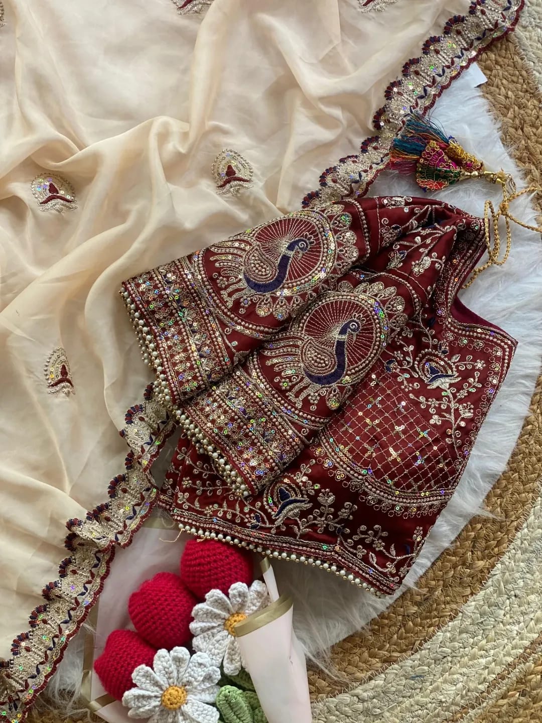 new launching ajarakh print with real mirror work and pallu fancy real diamond latkan attched and whole sarees piping   *Blouse :Running fabric with printed and mirror attched  Length:-5.50 MTR sarees and 0.90mtr