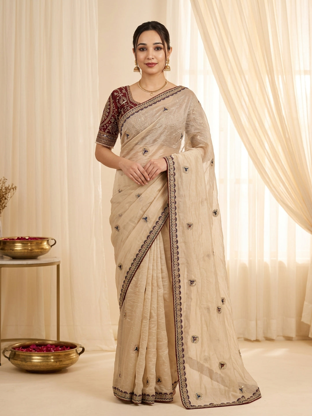 new launching ajarakh print with real mirror work and pallu fancy real diamond latkan attched and whole sarees piping   *Blouse :Running fabric with printed and mirror attched  Length:-5.50 MTR sarees and 0.90mtr