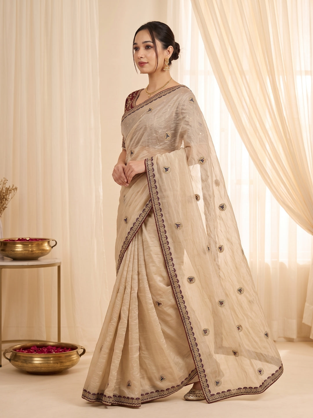 new launching ajarakh print with real mirror work and pallu fancy real diamond latkan attched and whole sarees piping   *Blouse :Running fabric with printed and mirror attched  Length:-5.50 MTR sarees and 0.90mtr