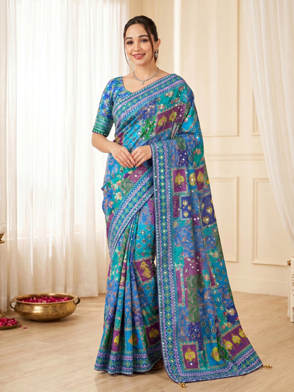 new launching ajarakh print with real mirror work and pallu fancy real diamond latkan attched and whole sarees piping