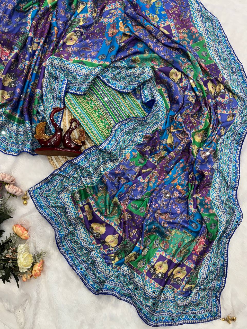 new launching ajarakh print with real mirror work and pallu fancy real diamond latkan attched and whole sarees piping