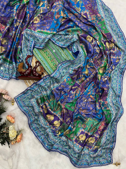 new launching ajarakh print with real mirror work and pallu fancy real diamond latkan attched and whole sarees piping