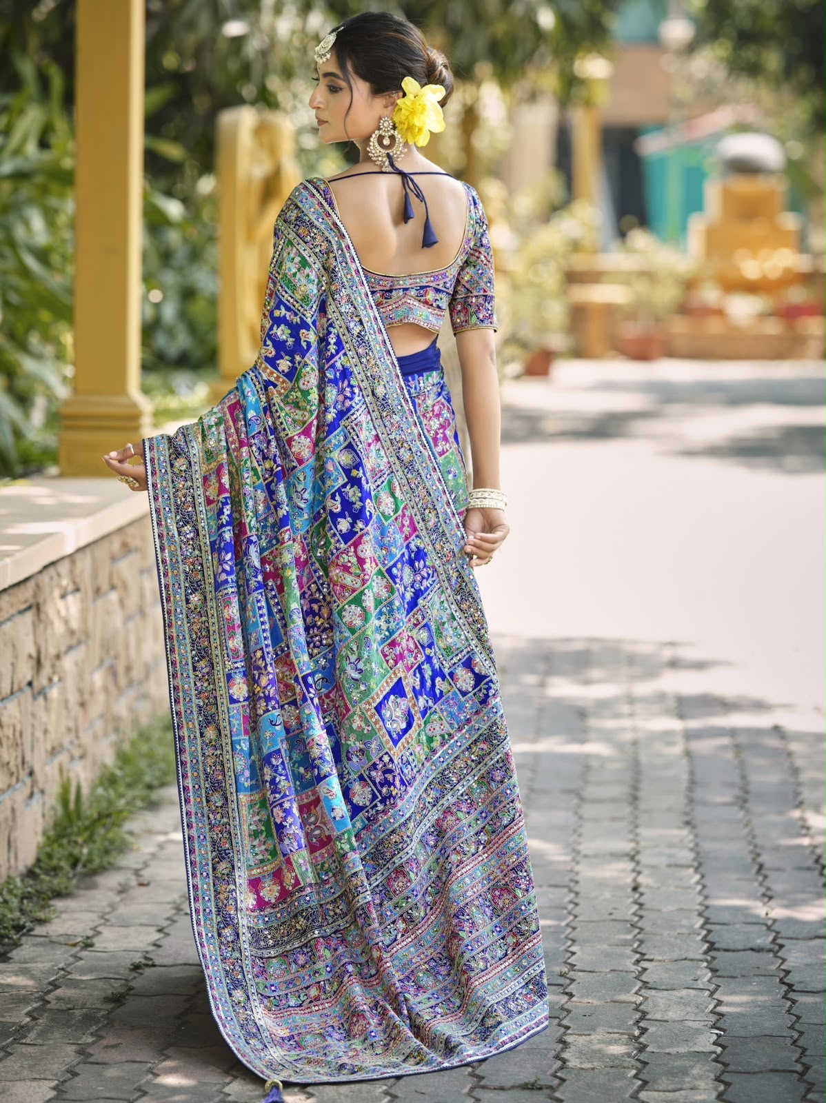 new launching ajarakh print with real mirror work and pallu fancy real diamond latkan attched and whole sarees piping