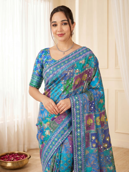 new launching ajarakh print with real mirror work and pallu fancy real diamond latkan attched and whole sarees piping