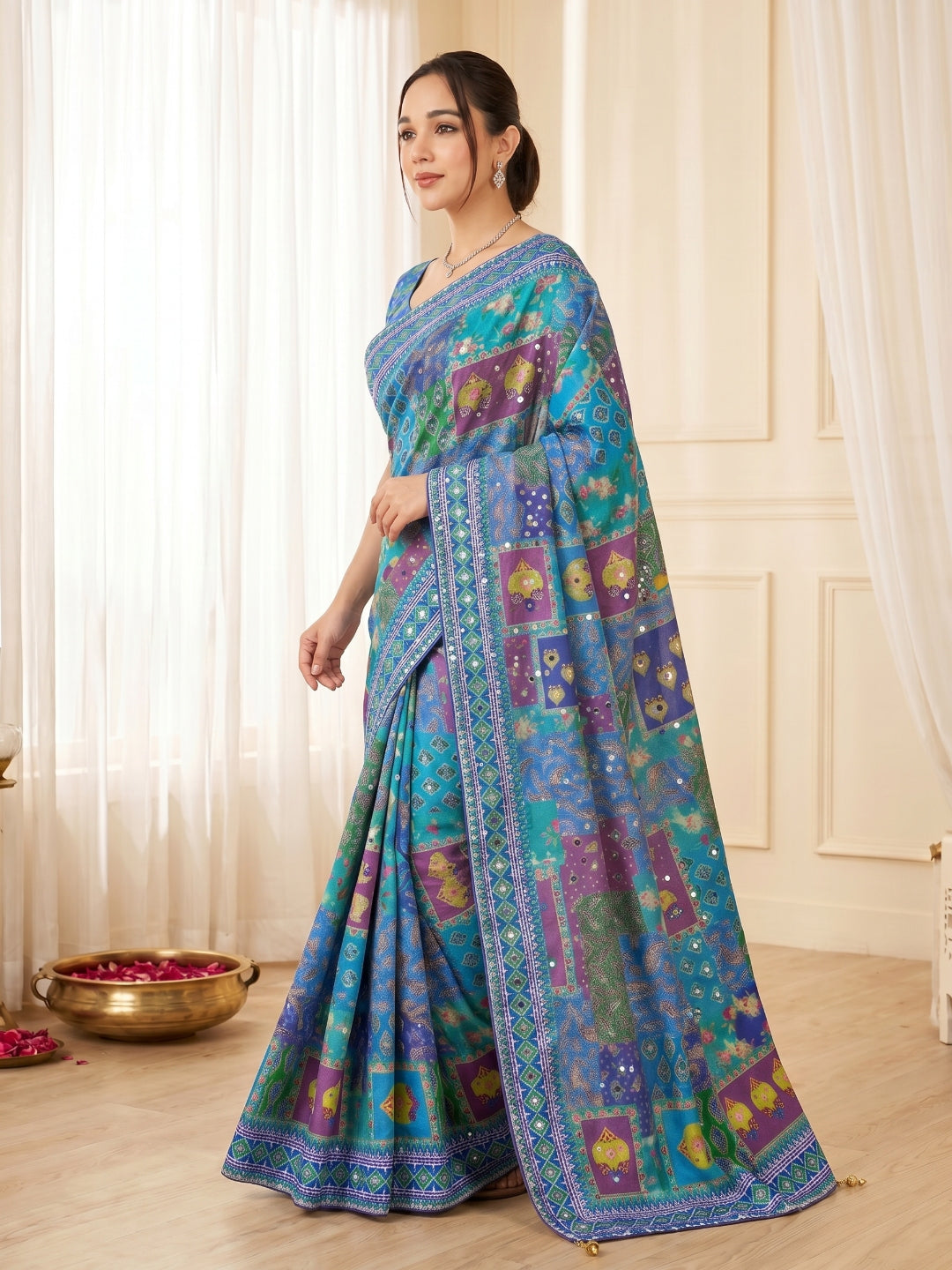 new launching ajarakh print with real mirror work and pallu fancy real diamond latkan attched and whole sarees piping