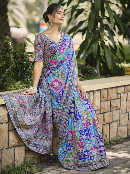 new launching ajarakh print with real mirror work and pallu fancy real diamond latkan attched and whole sarees piping