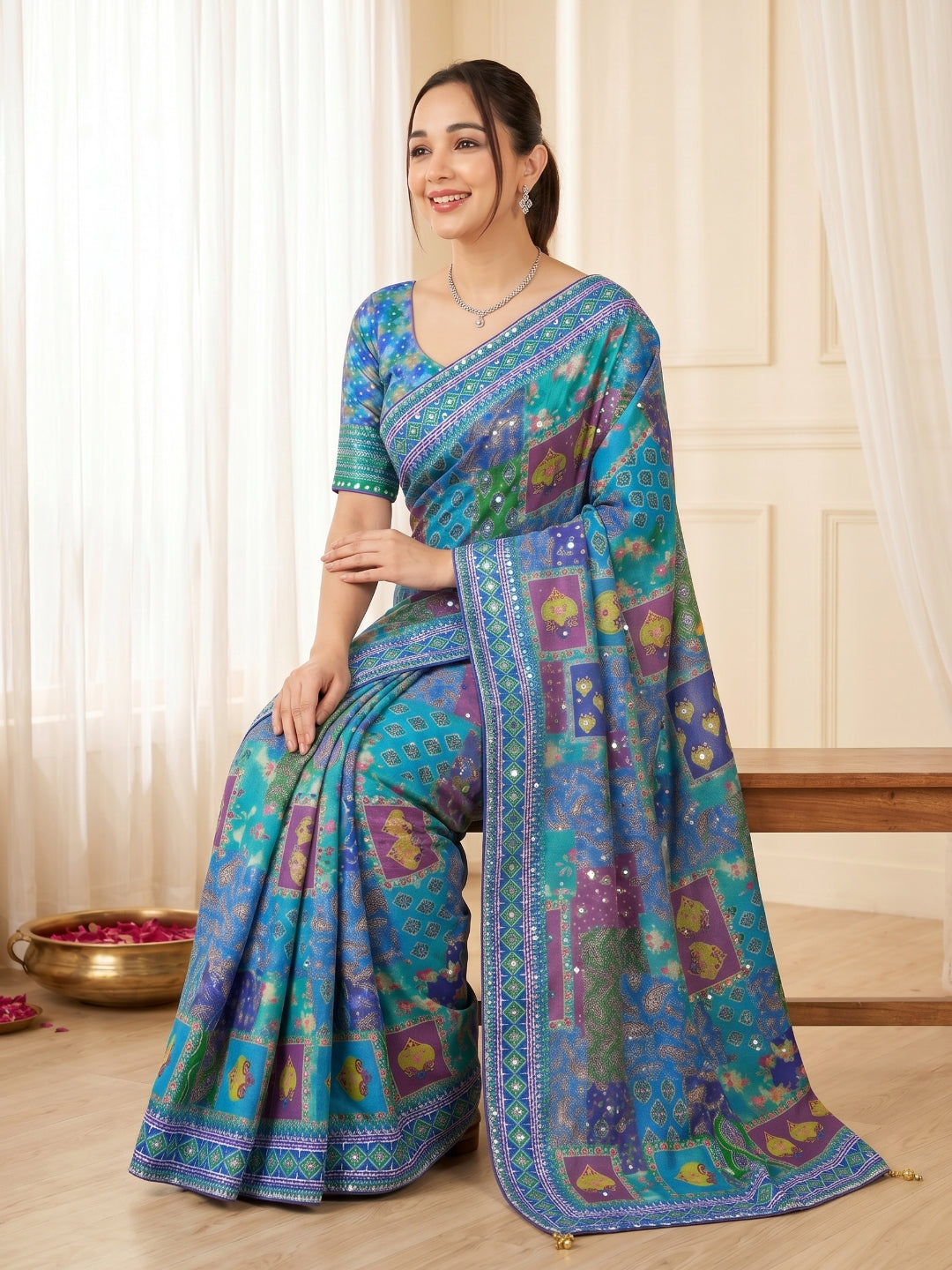 new launching ajarakh print with real mirror work and pallu fancy real diamond latkan attched and whole sarees piping