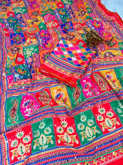 new launching ajarakh print with real mirror work and pallu fancy real diamond latkan attched and whole sarees piping