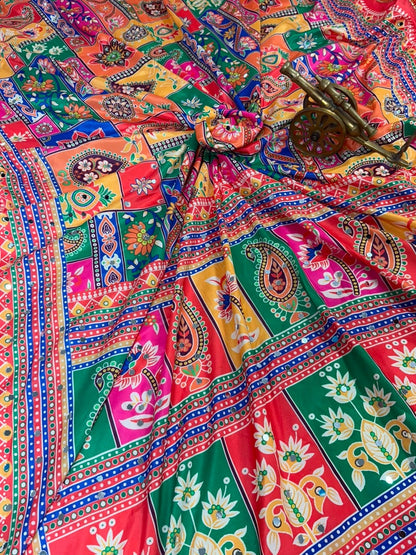 new launching ajarakh print with real mirror work and pallu fancy real diamond latkan attched and whole sarees piping