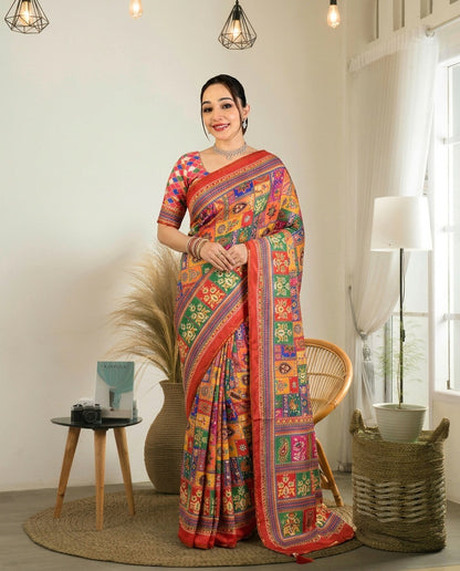 new launching ajarakh print with real mirror work and pallu fancy real diamond latkan attched and whole sarees piping