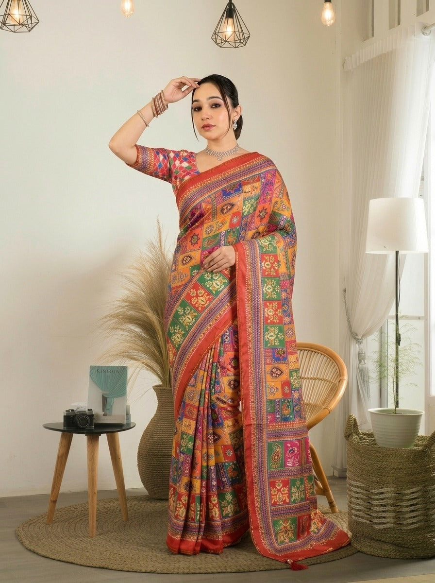 new launching ajarakh print with real mirror work and pallu fancy real diamond latkan attched and whole sarees piping