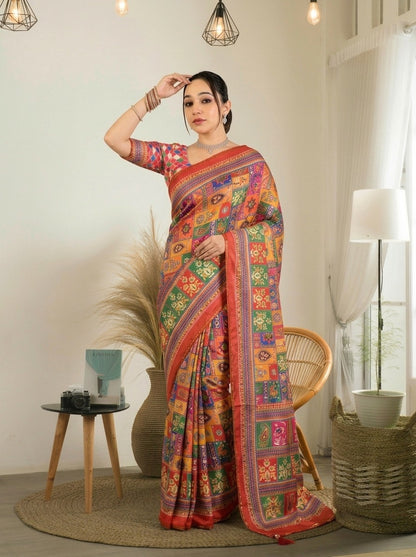 new launching ajarakh print with real mirror work and pallu fancy real diamond latkan attched and whole sarees piping