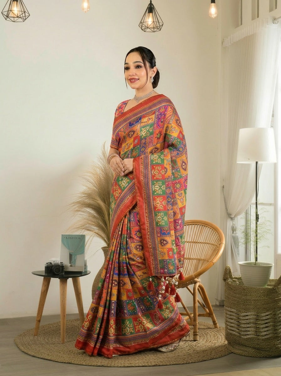new launching ajarakh print with real mirror work and pallu fancy real diamond latkan attched and whole sarees piping