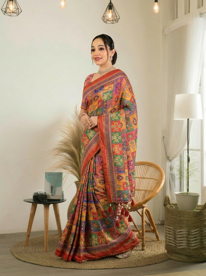 new launching ajarakh print with real mirror work and pallu fancy real diamond latkan attched and whole sarees piping
