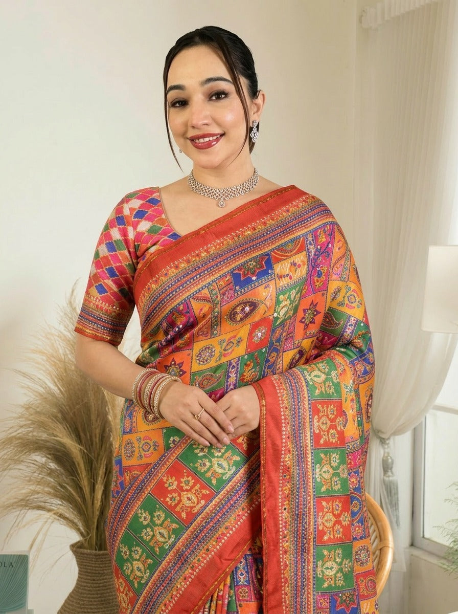 new launching ajarakh print with real mirror work and pallu fancy real diamond latkan attched and whole sarees piping