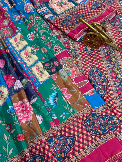 New Launching ajarakh print with real mirror work and pallu fancy real diamond latkan attched and whole sarees piping