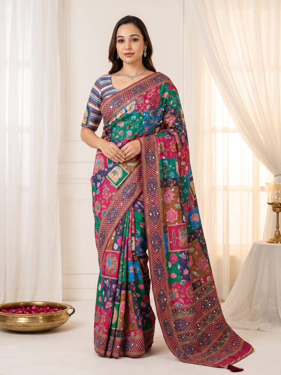New Launching ajarakh print with real mirror work and pallu fancy real diamond latkan attched and whole sarees piping