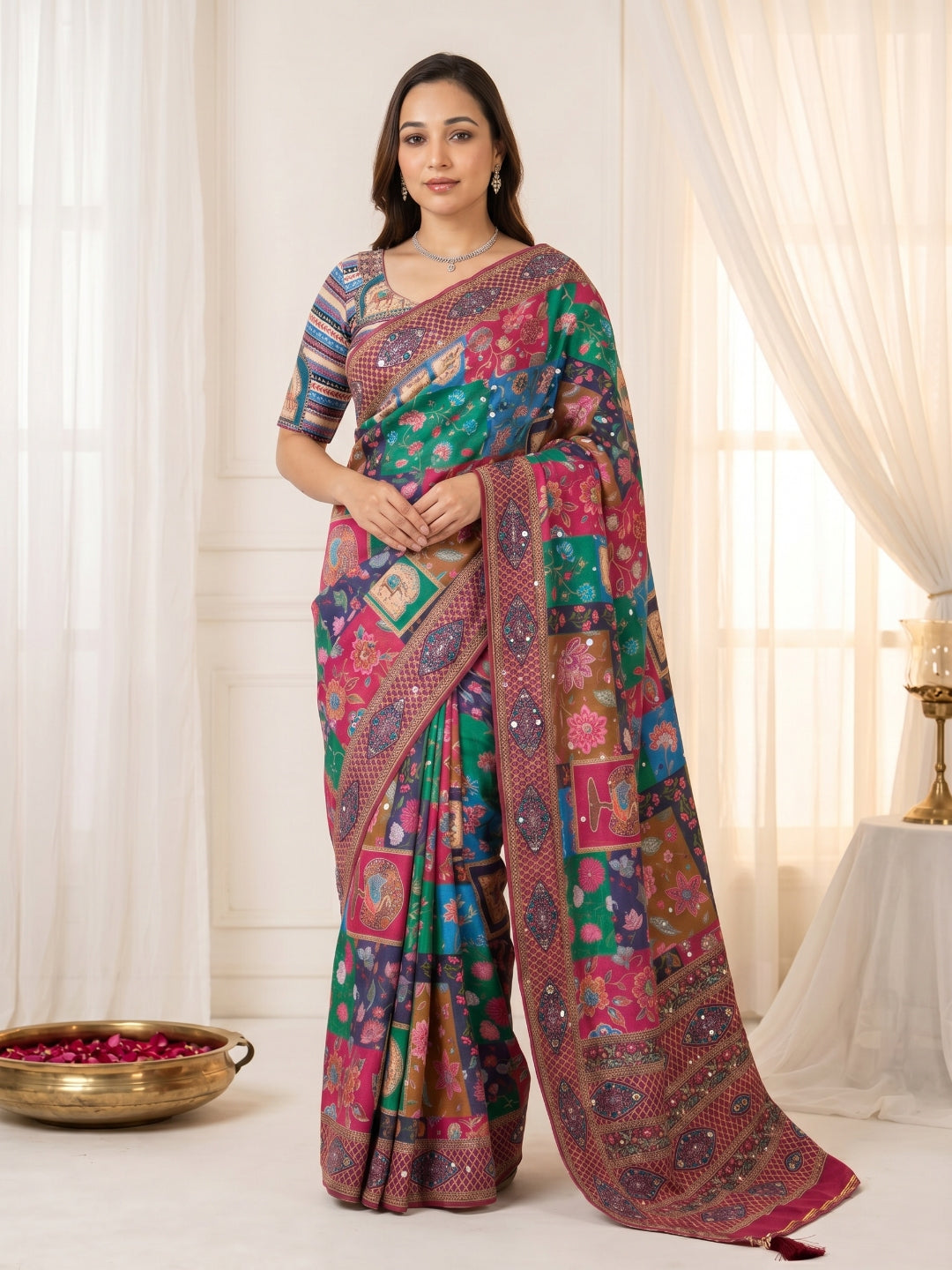 New Launching ajarakh print with real mirror work and pallu fancy real diamond latkan attched and whole sarees piping