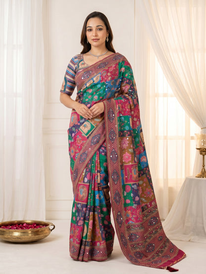 New Launching ajarakh print with real mirror work and pallu fancy real diamond latkan attched and whole sarees piping