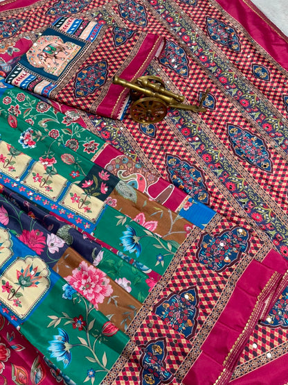 New Launching ajarakh print with real mirror work and pallu fancy real diamond latkan attched and whole sarees piping