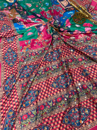 New Launching ajarakh print with real mirror work and pallu fancy real diamond latkan attched and whole sarees piping