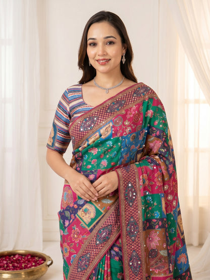 New Launching ajarakh print with real mirror work and pallu fancy real diamond latkan attched and whole sarees piping