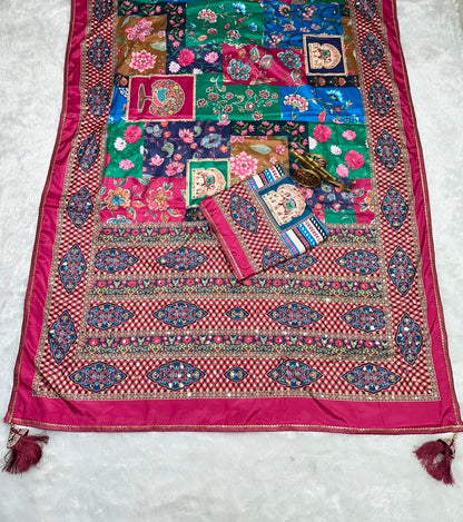 New Launching ajarakh print with real mirror work and pallu fancy real diamond latkan attched and whole sarees piping