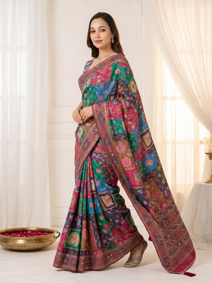New Launching ajarakh print with real mirror work and pallu fancy real diamond latkan attched and whole sarees piping