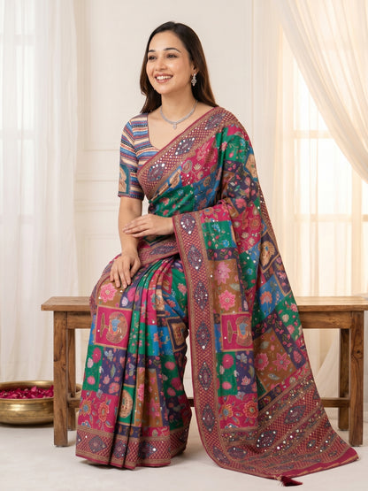 New Launching ajarakh print with real mirror work and pallu fancy real diamond latkan attched and whole sarees piping